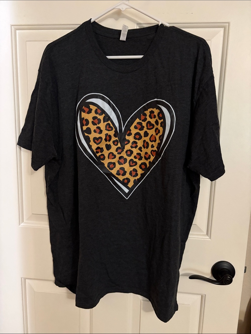 Women’s Black Short Sleeve Tee with Leopard Heart Graphic